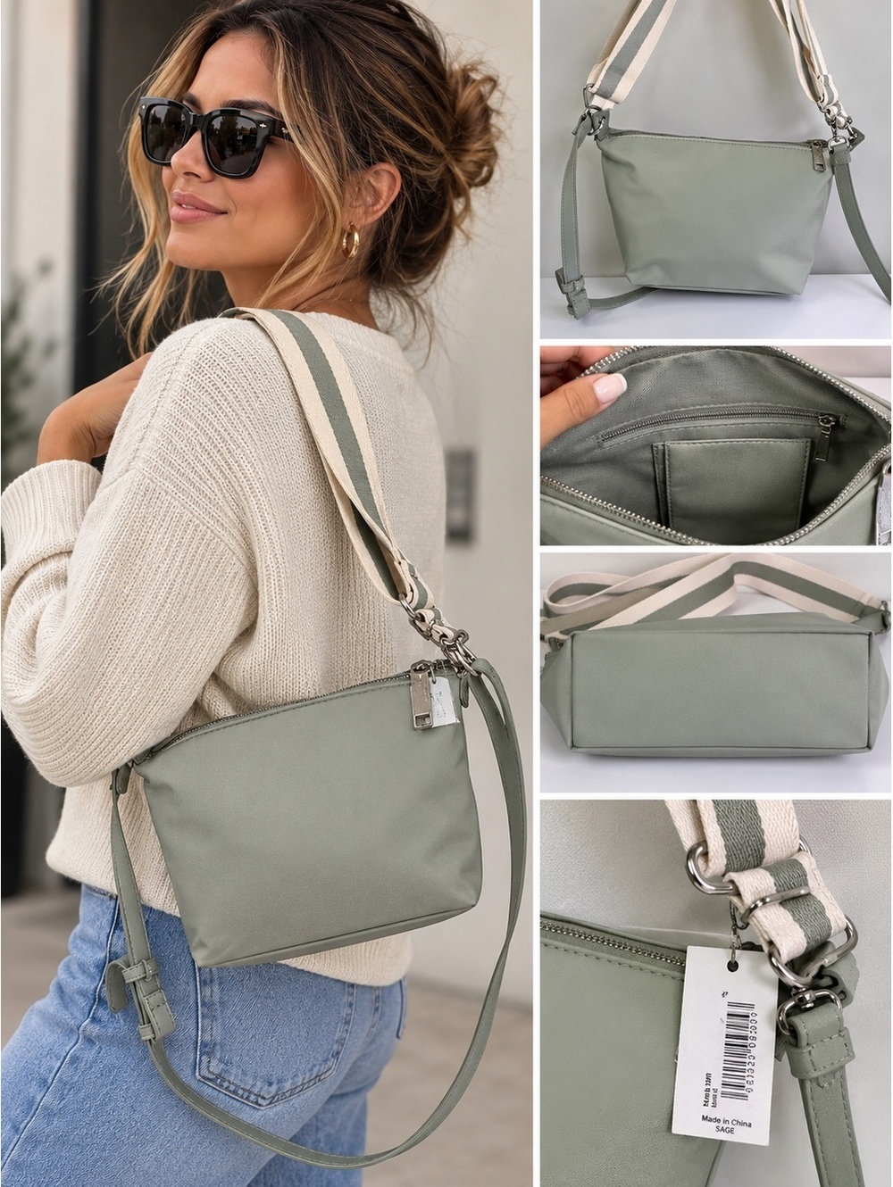 Sage Green Convertible Crossbody Shoulder Bag Striped Strap NWT
